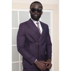 Dewsa Plus Mono Yaka Tek Düğme Çift Yırtmaç Yelekli Slim Fit Düz Siyah Takım Elbise - Mor - 6 Drop - 52