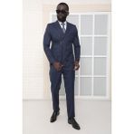 Dewsa Plus Sivri Yaka Kuşak Kapamalı Çift Yırtmaç Slim Fit Çizgili Lacivert Kruvaze Takım Elbise - 50 - 6 Drop - Koyu Lacivert