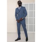 Dewsa Plus Sivri Yaka Kuşak Kapamalı Çift Yırtmaç Slim Fit Çizgili Lacivert Kruvaze Takım Elbise - 56 - 6 Drop