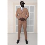 Dewsa Plus Sivri Yaka Kuşak Kapamalı Çift Yırtmaç Slim Fit Düz Bordo Kruvaze Takım Elbise - 56 - 6 Drop - Kahverengi