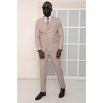 Dewsa Plus Sivri Yaka Kuşak Kapamalı Çift Yırtmaç Slim Fit Düz Kahverengi Kruvaze Takım Elbise - 56 - 6 Drop - Bej