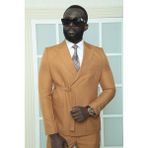 Dewsa Plus Sivri Yaka Kuşak Kapamalı Çift Yırtmaç Slim Fit Düz Taba Kruvaze Takım Elbise - 6 Drop - 48