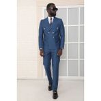 Dewsa Plus Sivri Yaka Metal Düğmeli Çift Yırtmaç Slim Fit Düz Indigo Kruvaze Takım Elbise - 50 - 6 Drop - İndigo