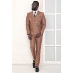 Dewsa Plus Sivri Yaka Metal Düğmeli Çift Yırtmaç Slim Fit Düz Kahverengi Kruvaze Takım Elbise - 56 - 6 Drop
