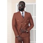 Dewsa Plus Sivri Yaka Metal Düğmeli Çift Yırtmaç Slim Fit Düz Kiremit Kruvaze Takım Elbise - 6 Drop - 56