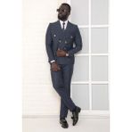 Dewsa Plus Sivri Yaka Metal Düğmeli Çift Yırtmaç Slim Fit Düz Lacivert Kruvaze Takım Elbise - 48 - 6 Drop