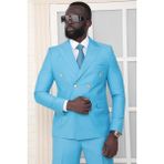 Dewsa Plus Sivri Yaka Metal Düğmeli Çift Yırtmaç Slim Fit Düz Turkuaz Kruvaze Takım Elbise - 6 Drop - 54