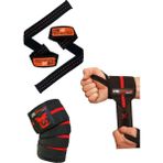 Dex Supports Fitness Sporcu Bilekliği Wrist Wraps Elite + Ağırlık Kaldırma Kayışı Lifting Straps Turuncu + Antrenman Dizliği Knee Wraps Elite 3'lü Paket - Standart