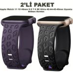 Dexmon Apple Watch 11 10 46MM 9 8 7 6 Se Ultra Uyumlu 42-44-45-49MM Leopar Desenli 2'li Silikon Kordon Seti - Mor - Siyah - Watch 11 10 46mm / 42-44-45-49mm
