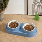 Dexpet Çiftli Kedi Köpek Mama ve Su Kabı, 2'li Kedi Köpek Mama Kabı, Yükseltilmiş Eğimli Mama Kabı Su Kabı - Mavi - Beyaz