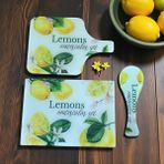 Deyhome 3'lü Set Temperli Cam Sebze Meyve Doğrama Kesme Tahtası (D.dörtgen ve Saplı Kesme Tahtası,kaşık Altı) - Limon Desenli