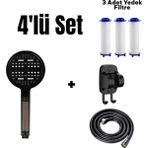 Deyhome 4'lü Set 6 Fonksiyonlu Filtreli Duş Başlığı + Yapışkanlı Mafsal (Askı) + 150 cm Örgülü Hortum+3 Adet Yedek Filtre - Metalik Füme - Antrasit