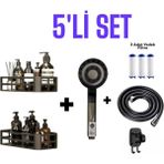 deyhome 5’li Set + Masajlı Filtreli Duş Başlığı +Yapışkanlı Duvar Organizer + Örgülü Hortum + Yapışkanlı Askı + 3 Adet Yedek Filtre - Siyah - Gri
