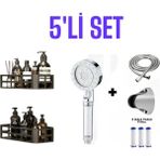 deyhome 5’li Set Yapışkanlı Duvar Organizer + Masajlı Filtreli Duş Başlığı + Örgülü Hortum + Vidalı Askı + Yedek Filtre - Gri