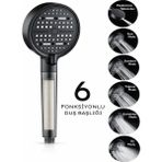 Deyhome 6 Fonksiyonlu Filtreli Duş Başlığı Basınç Artırıcı Duş Başlığı + 10 Adet Yedek Filtre - Siyah
