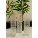 Dezi 3'lü Elmas Silindir Cam Vazo, Mumluk Dekoratif Set, Ev Nişan Dekorasyonu (20-25-30 cm ) Çap 7 cm