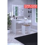 DF02104B Tabureli Çekmeceli Işıklı Aynalı Makyaj Masası - Beyaz