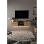 Df17102 Led Işıklı Duvara Monte Tv Ünitesi, 2 Kapaklı Dolaplı, Raflı 150 Cm Tv Alt Ünitesi