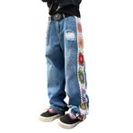 DFGIGT Erkek Yırtık Bol Kot Çiçek Tığ Geniş Bacak Denim Pantolon Rahat Gevşek Sıkıntılı Yok Kot, A10 Mavi, L