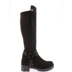 DGN 607 Kadın Bilek Tokalı Zincir Detaylı Arkası Stretch Knee High Flats Çizme - Siyah Süet
