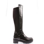 DGN 607 Siyah Bilek Tokalı Zincir Detaylı Arkası Stretch Knee High Flats Kadın Çizme