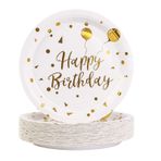 DHAIQC 50 adet kağıt tabak, parti tabağı, Happy Birthday tabak seti, 17,8 cm, çocuk doğum günü, tek kullanımlık tabak, beyaz, altın, parti yemek takımı, doğum günleri ve partiler için