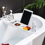 DHYLRICHER Genişletilebilir Tahliye Banyo Rafı Caddy Tepsisi, Çok Fonksiyonlu Plastik Küvet Tepsisi Banyo Düzenleyici Mum Havlu, Kitap, Şarap, Telefon, Duş için Basit Şık Küvet Depolama Rafı (Beyaz - 1 adet)