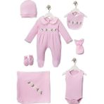 Diamondstar Kız Bebek Mobil Çiçek Desenli 7 Li Zıbın Hastane Çıkış Seti - Pembe - 0 - 3 Ay