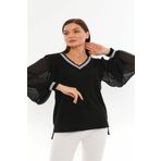 diaves Kadın Kolları Tüllü V Yaka Yakası Sim Şerit Triko Bluz
