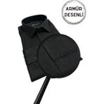 Dicotto Siyah Armür Desenli Rahat Kesim Uzun Kol Erkek Gömlek Tek Cepli Klasik Regular Fit - XL