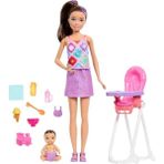 Die Grup Barbie Bebek Bakıcısı Skipper Oyun Seti, Kahverengi Saçlı Yetişkin ve Küçük Bebek, Mama Sandalyesi ve Yiyecek Dahil 8 Aksesuar, JJB44