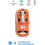 Die Grup Bluetooth USB Çift Modlu Sessiz Mouse, Şeffaf Mıknatıslı Kapaklı, Type-C Şarjlı, Dpı Ayarlı, Kablosuz 10M Çekim Mesafeli, Masaüstü Kısayol Tuşlu, Taşınabilir Şarjlı Mouse Turuncu