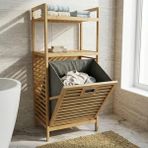 Die Grup Deconox Doğal Bambu 2 Katlı Banyo Rafı ve Çamaşır Sepeti (40X30X95 Cm) - Açık Raflı Ahşap Düzenleyici Kirli Sepeti Dolabı
