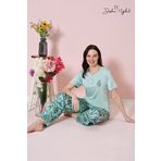 DİĞDEM YAKUT Kadın - Mint Yeşili Kısa Kollu Bisiklet Yaka Düğmeli Viskon Kumaş Alt Üst Pijama Takımı
