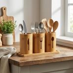 Diğer 126630798 3'lü Doğal Bambu Kaşıklık Seti - Ahşap Standlı Tezgah Üstü Çatal Kaşık Bıçak Düzenleyici Şık Mutfak Organizeri Stand: 33X13X2 Cm/kaşıklık: 10X12 Cm
