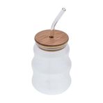 Diğer 57858324452215499283959 500Ml Bambu Kapaklı Cam Bardak, Cam Pipetli Silikon Kapak Contalı İnce Çizgi Desenli Soğuk İçecekler İçin Kahve Meyve Suları Ve Çayları İçin Ergonomik Şık Tasarım Açık Altın