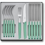 Diğer 57858324452275399283959 Modern Çatal Bıçak Takımı, 12 Parça, Keskin Biftek/pizza Bıçağı, Sofra Çatalı, Yeşil, Paslanmaz Çelik, Yeşil Açık Ahşap