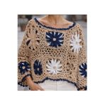 diğerr1 Bohem el örgü bej,lacıvert desenlı baharlık yazlık crochet bluz anneler günü hediye