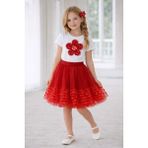 Dıgıl Kids Kız Çocuk Çiçek Desenli T-Shirt Etek Takım - Kırmızı - 9 - 10 Yaş