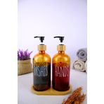 Digithome 2’li Ahşap Standlı Cam Sıvı Sabun ve Bulaşık Deterjanı Şişesi Sabunluk Amber 500 ml - D/11 C1-1-289