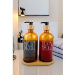 Digithome 2’li Ahşap Standlı Cam Sıvı Sabun ve Bulaşık Deterjanı Şişesi Sabunluk Amber 500 Ml - D/11