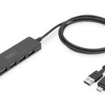 DIGITUS USB Hub - 4 Bağlantı Noktası - USB 3.0-4x USB-A - 1x USB-C Güç Konektörü - 5 Gbit/s'ye Kadar - USB-A - USB-C Adaptörü Dahil - 1,2 m Kablo Uzunluğu - İnce Çizgi - Siyah