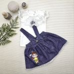 Diji Baby 1-2-3 Yaş Bayan Arı Nakışlı Kot Desenli Etek Pamuklu Kumaş 2li Kız Bebek Salopet Takımı - Lacivert - 1 Yaş
