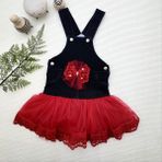 Diji Baby 2-3-4 Yaş Fiyonklu Düğme Detaylı Tül Etek Kot Kumaş Salopet Kız Çocuk Elbisesi - 3 Yaş - Siyah - Kırmızı
