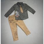 Diji Baby 3-4-5 Yaş Kravatlı Keten Gömlek Gabardin Pantolon Uzun Kollu 3lü Erkek Çocuk Takımı - 6 - 9 Ay - Sarı