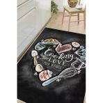 Dijital Baskılı Dekoratif Kaymaz Taban Yıkanabilir Cooking Love Mutfak Halısı - Antrasit - 120 x 300 cm