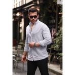 Dik Şerit Çizgili Flam Keten Gömlek - Siyah - XL