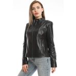 Dik Yaka Klasik Kadın Siyah Deri Mont 2XL