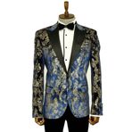 Dik Yaka Slim Fit Altın Desenli Lacivert Erkek Balo Ceket - Wessi