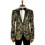 Dik Yaka Slim Fit Altın Desenli Siyah Erkek Balo Ceketi - Wessi